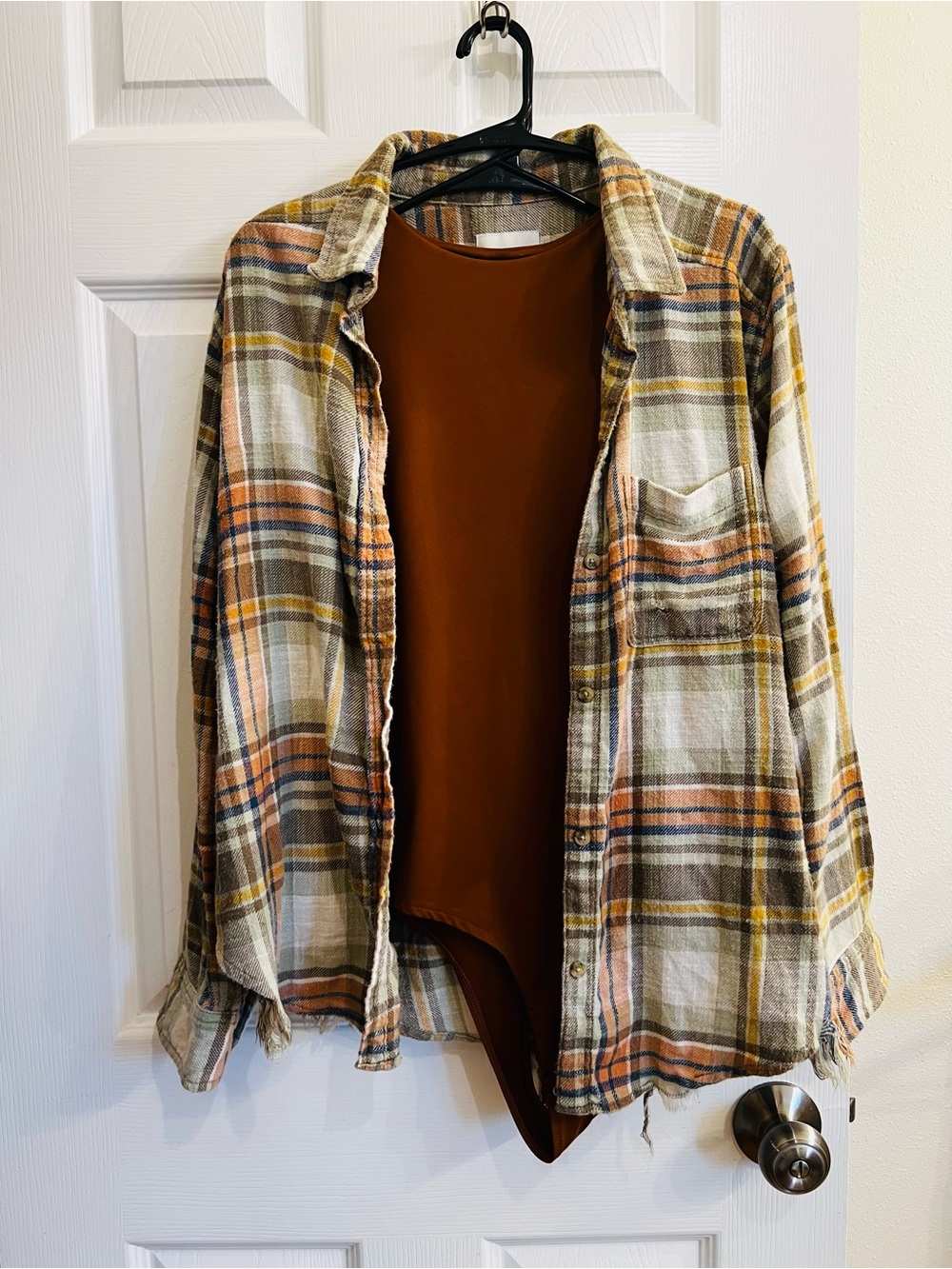 American Eagle Outfitters Women's Plaid Button-Up Shacket with Rust Bodysuit